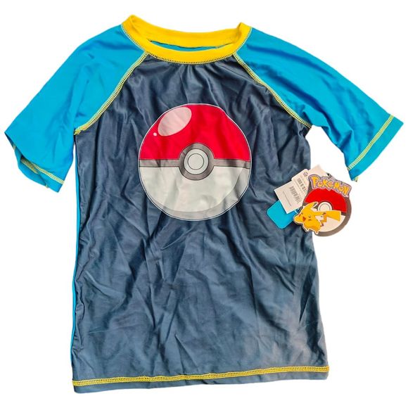 Pokemon Boys Water Swim Shirt Blue UPF 50+ Pokemon Pokeball Rash Guard - Picture 1 of 2